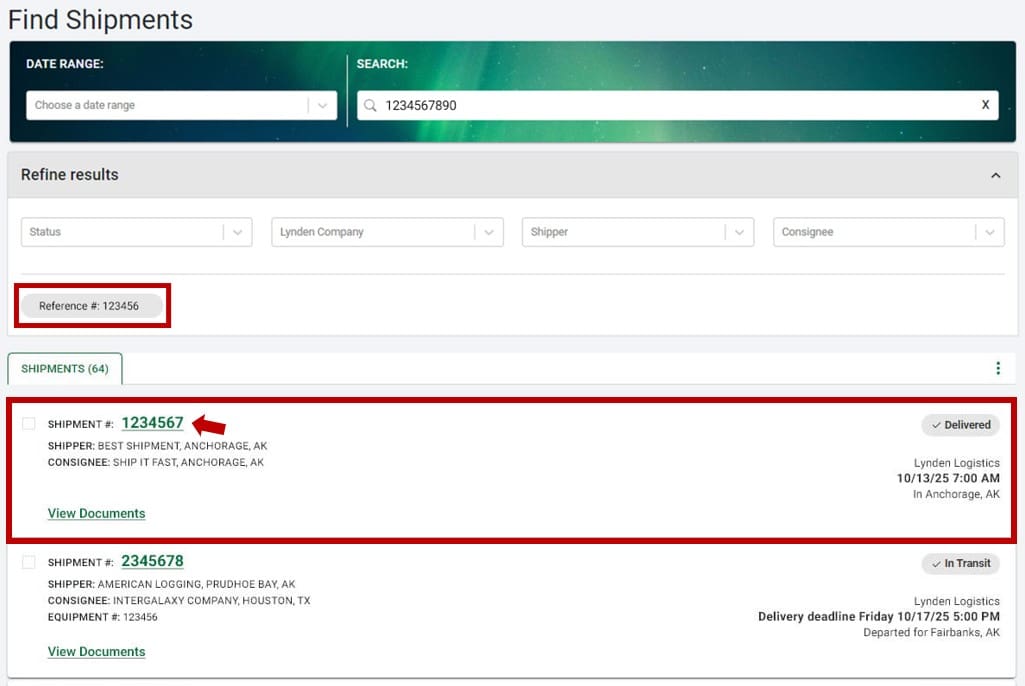 Reference number search results