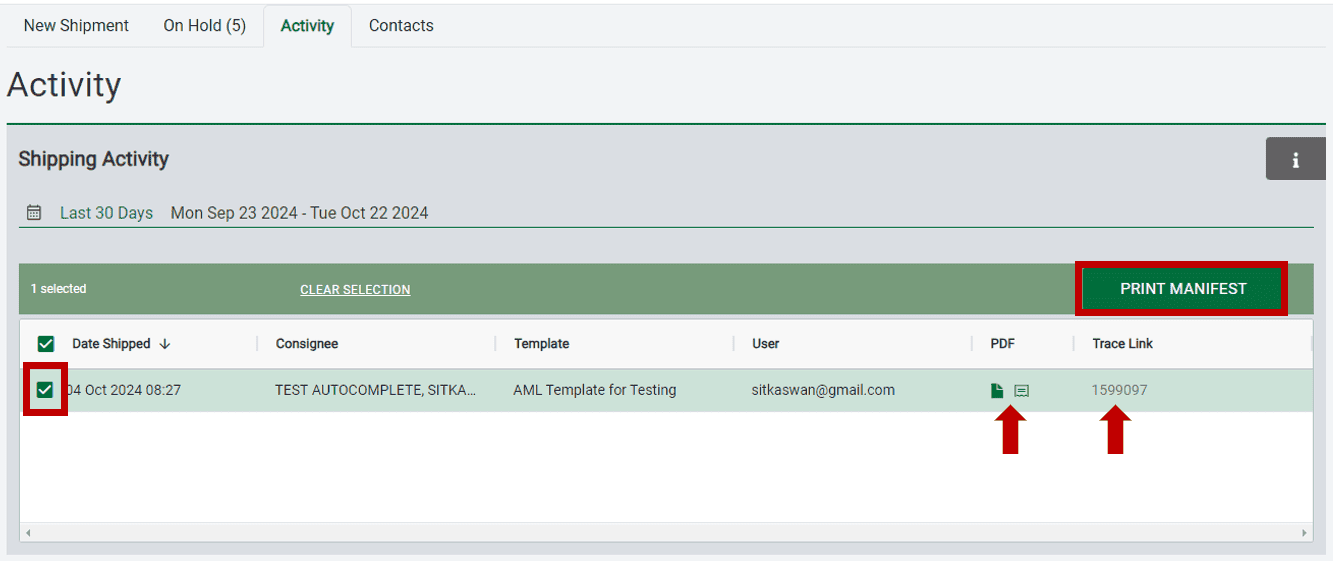 create a shipment activity 2