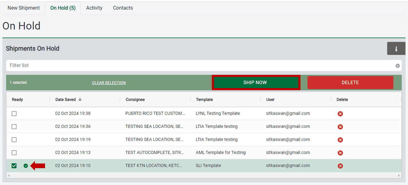 create a shipment on hold 4