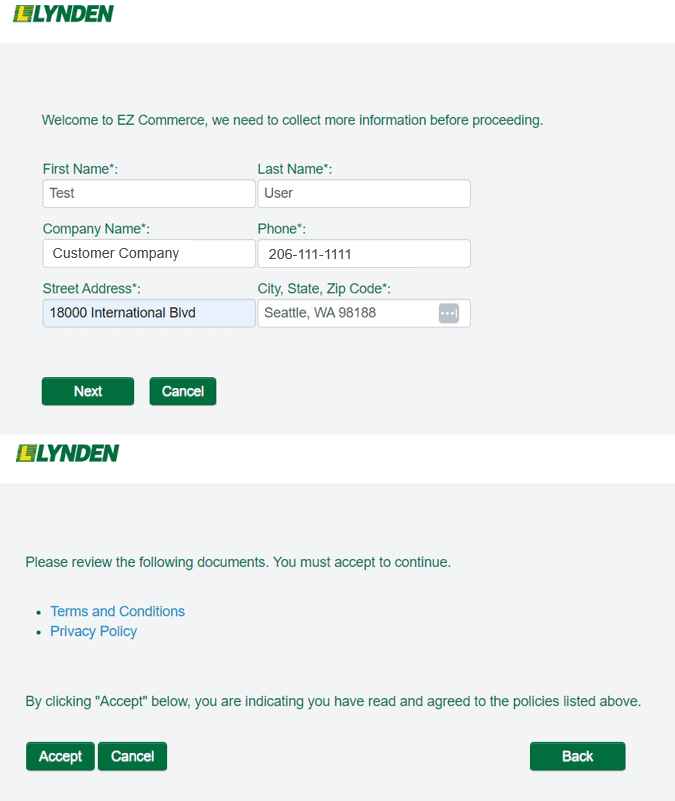 Company profile information page in EZ Commerce