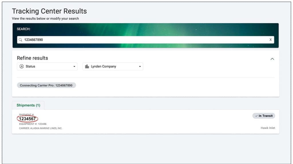Lynden tracking number highlighted on tracking results page