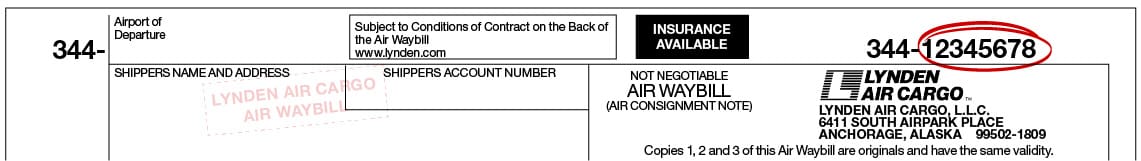 Example of Lynden Air Cargo air waybill with tracking number