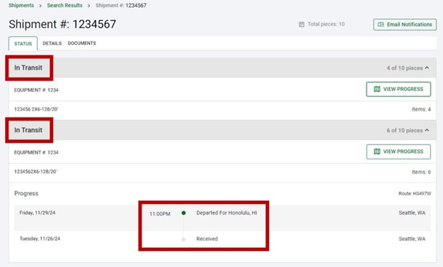 shipment status terminology examples